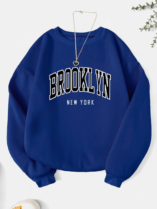 Brooklyn Print Sweatshirt, Casual Long Sleeve Crew Neck Sweatshirt, Women's Clothing