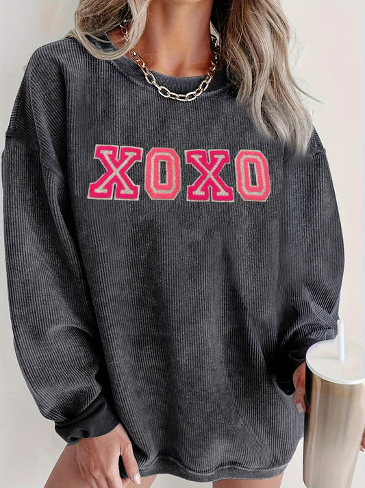 Xoxo Print Crew Neck Sweatshirt, Casual Long Sleeve Sweatshirt For Spring & Fall, Women's Clothing
